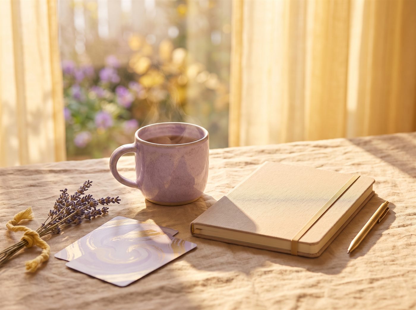 Eine dampfende fliederfarbene Tasse Tee, ein geschlossenes beiges Notizbuch, ein Lavendelbündel und eine Karte auf einem Leinentisch am sonnigen Fenster